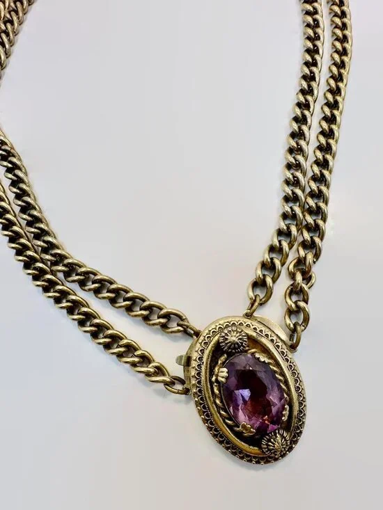 Vintage Necklace, Victorian Revival, Choker, Amethyst, Stone, Purple, Gold - Picture 7 of 8